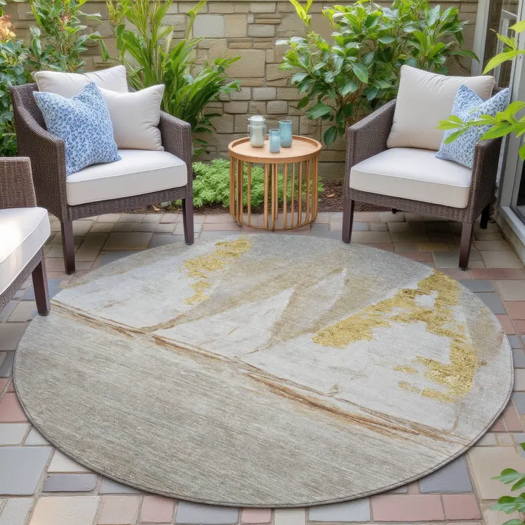 8' Taupe And Gold Round Nautical Washable Indoor Outdoor Area Rug