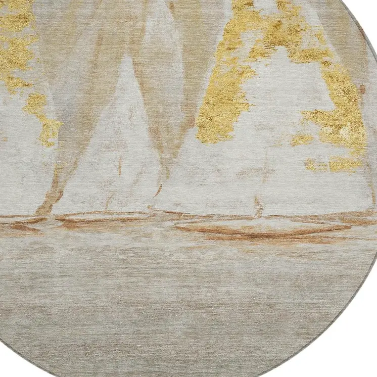 8' Taupe And Gold Round Nautical Washable Indoor Outdoor Area Rug