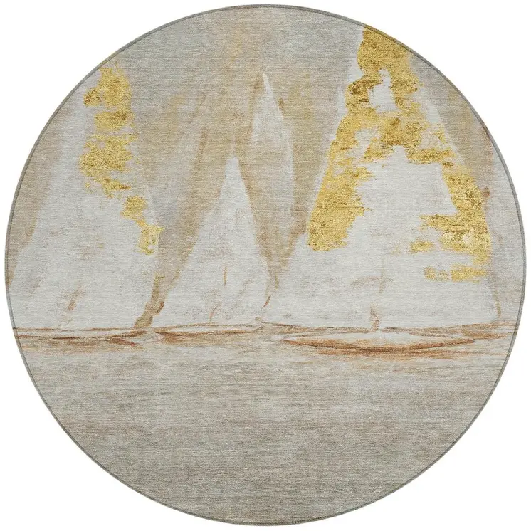 8' Taupe And Gold Round Nautical Washable Indoor Outdoor Area Rug