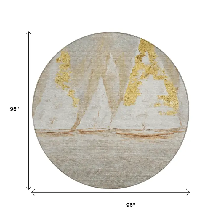 8' Taupe And Gold Round Nautical Washable Indoor Outdoor Area Rug
