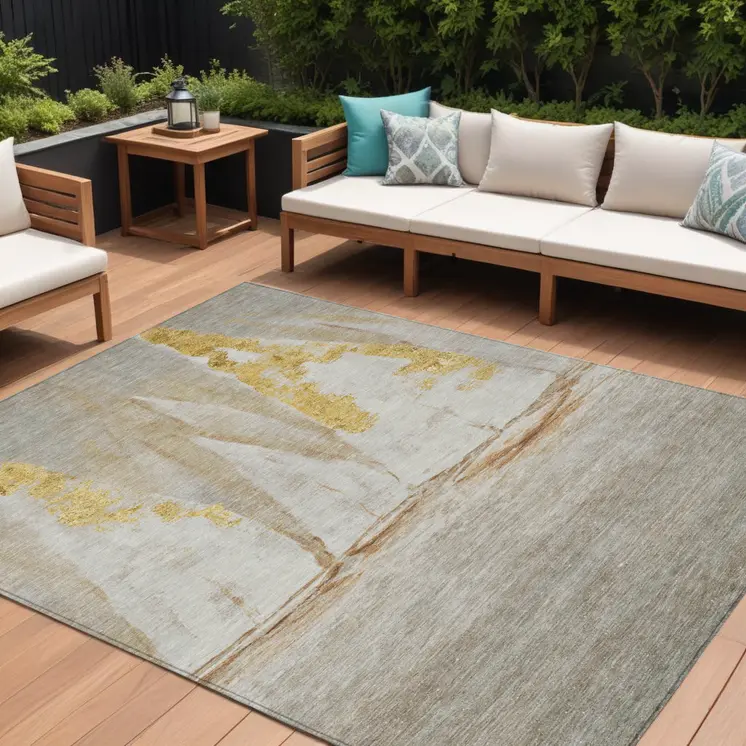 9' X 12' Taupe And Gold Nautical Washable Indoor Outdoor Area Rug