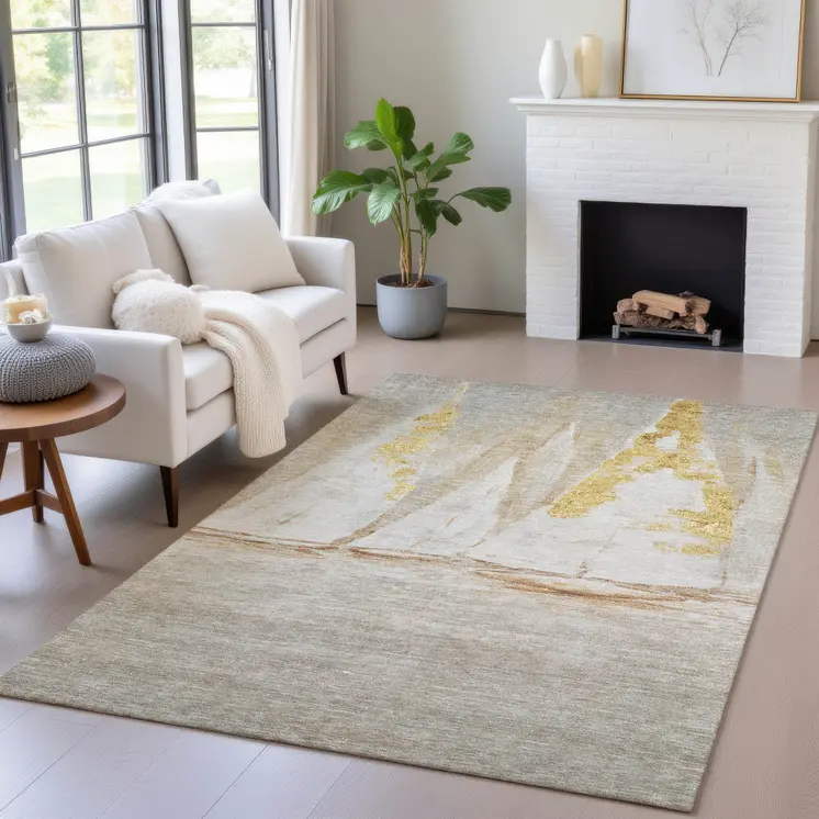 9' X 12' Taupe And Gold Nautical Washable Indoor Outdoor Area Rug
