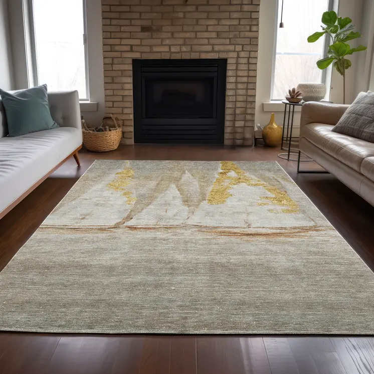 9' X 12' Taupe And Gold Nautical Washable Indoor Outdoor Area Rug