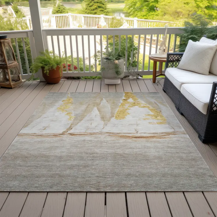 9' X 12' Taupe And Gold Nautical Washable Indoor Outdoor Area Rug