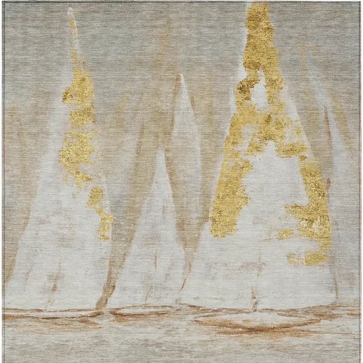 10' X 14' Taupe And Gold Nautical Washable Indoor Outdoor Area Rug