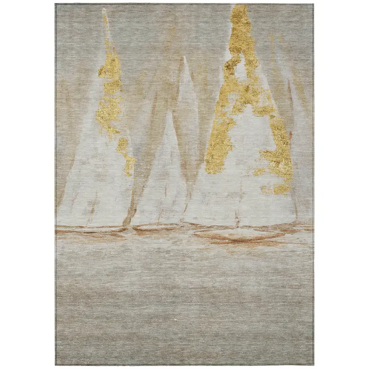 10' X 14' Taupe And Gold Nautical Washable Indoor Outdoor Area Rug
