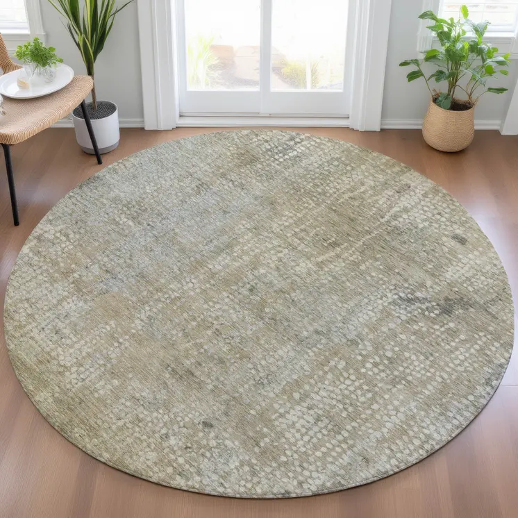 8' Beige And Ivory Round Abstract Washable Indoor Outdoor Area Rug
