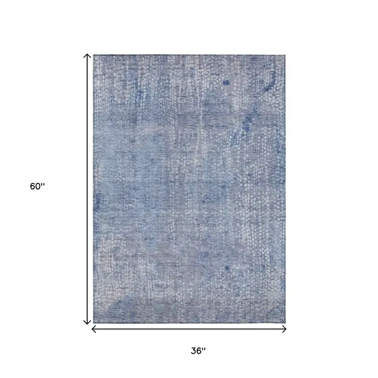 3' X 5' Blue And Ivory Abstract Washable Indoor Outdoor Area Rug