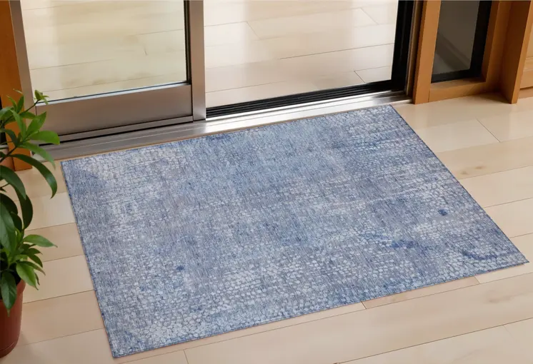 3' X 5' Blue And Ivory Abstract Washable Indoor Outdoor Area Rug