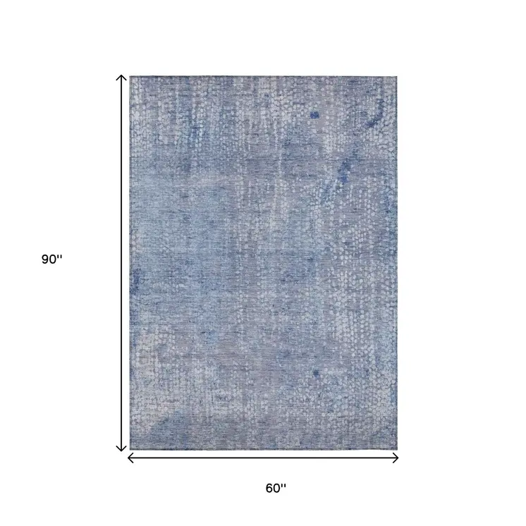 5' X 8' Blue And Ivory Abstract Washable Indoor Outdoor Area Rug