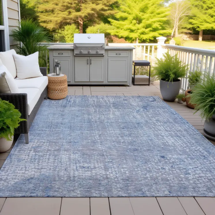 5' X 8' Blue And Ivory Abstract Washable Indoor Outdoor Area Rug