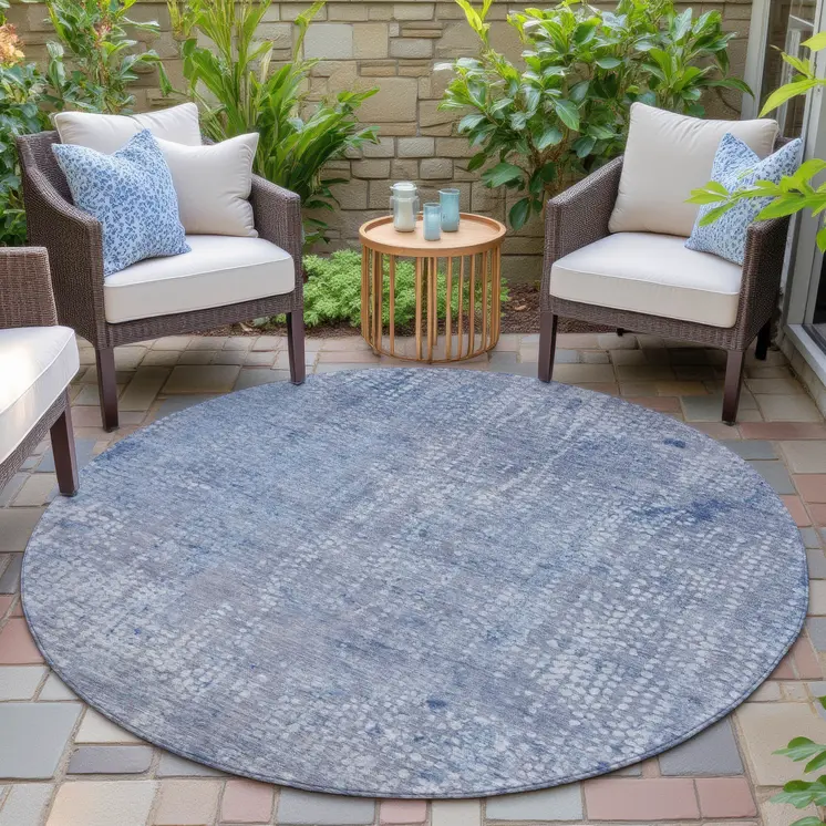 8' Blue And Ivory Round Abstract Washable Indoor Outdoor Area Rug