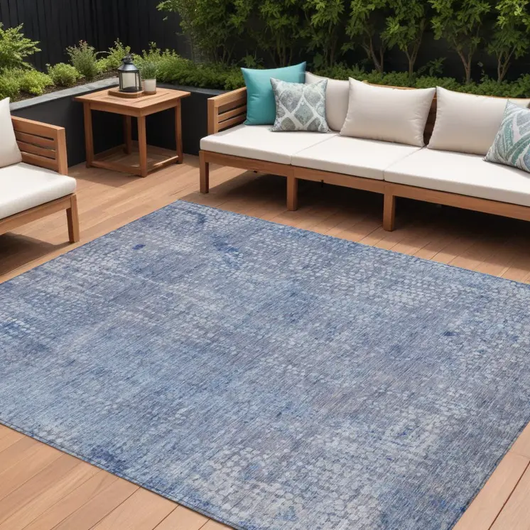 9' X 12' Blue And Ivory Abstract Washable Indoor Outdoor Area Rug