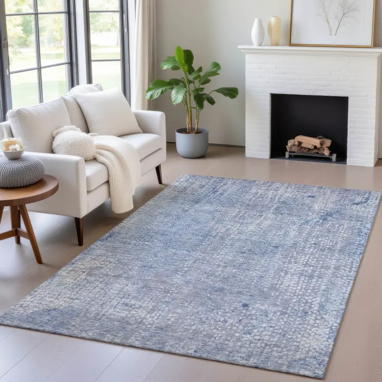 9' X 12' Blue And Ivory Abstract Washable Indoor Outdoor Area Rug