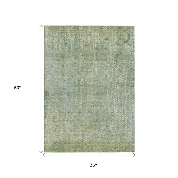 3' X 5' Green And Ivory Abstract Washable Indoor Outdoor Area Rug
