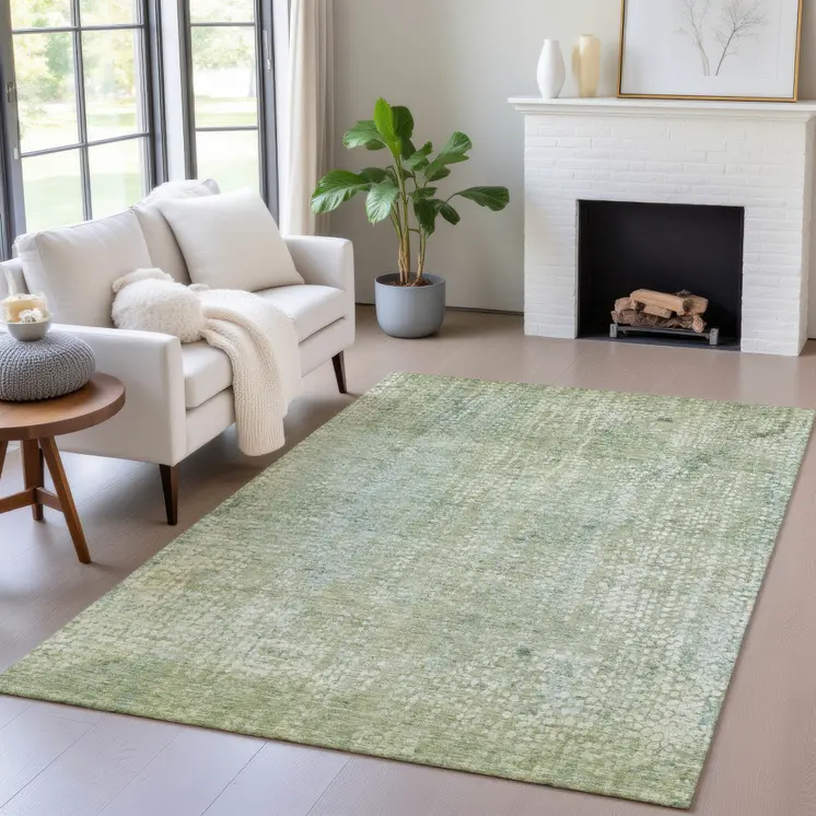 9' X 12' Green And Ivory Abstract Washable Indoor Outdoor Area Rug