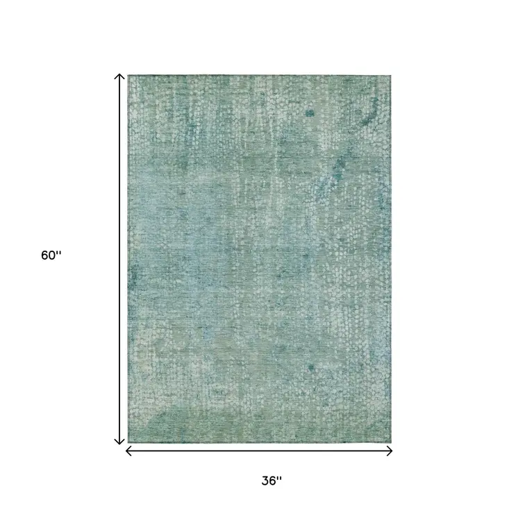 3' X 5' Teal Blue And Ivory Abstract Washable Indoor Outdoor Area Rug
