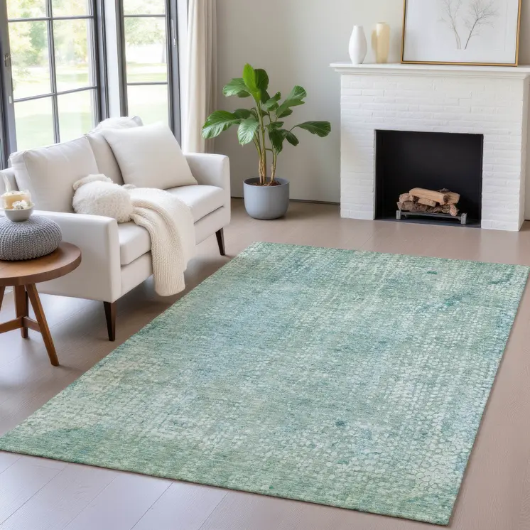 3' X 5' Teal Blue And Ivory Abstract Washable Indoor Outdoor Area Rug