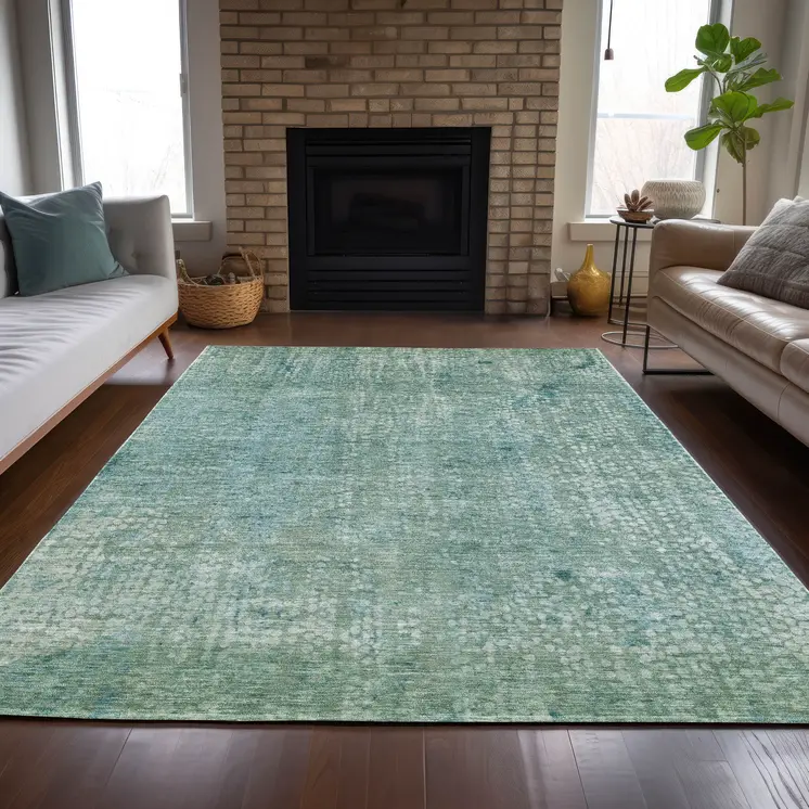 5' X 8' Teal Blue And Ivory Abstract Washable Indoor Outdoor Area Rug