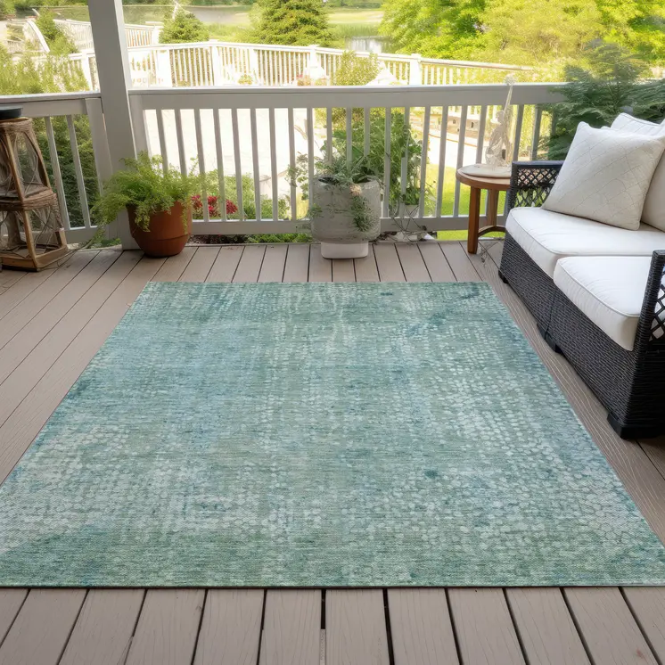 5' X 8' Teal Blue And Ivory Abstract Washable Indoor Outdoor Area Rug