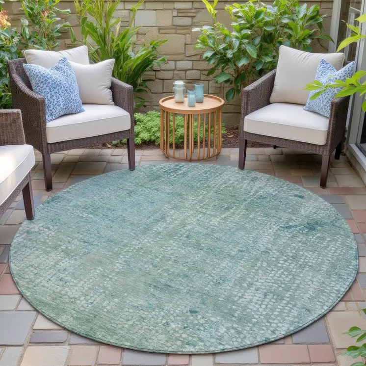 8' Teal Blue And Ivory Round Abstract Washable Indoor Outdoor Area Rug