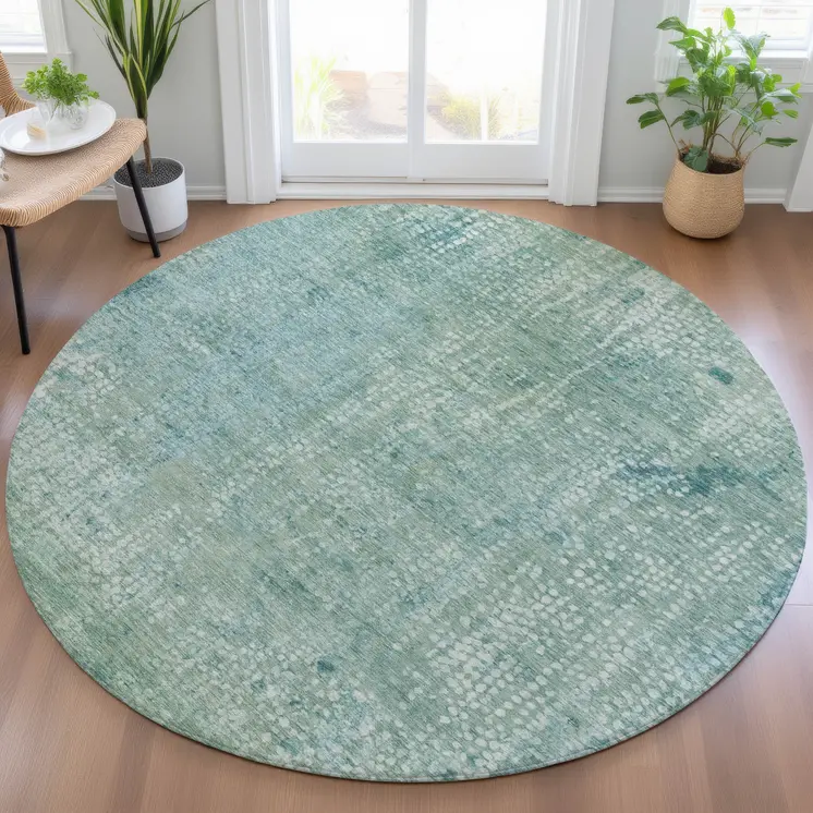 8' Teal Blue And Ivory Round Abstract Washable Indoor Outdoor Area Rug