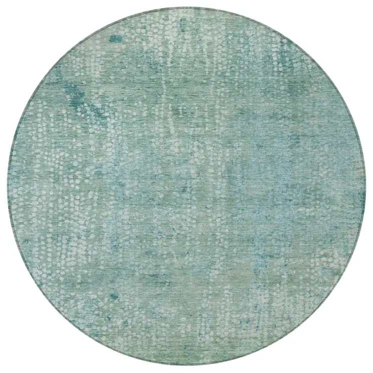 8' Teal Blue And Ivory Round Abstract Washable Indoor Outdoor Area Rug