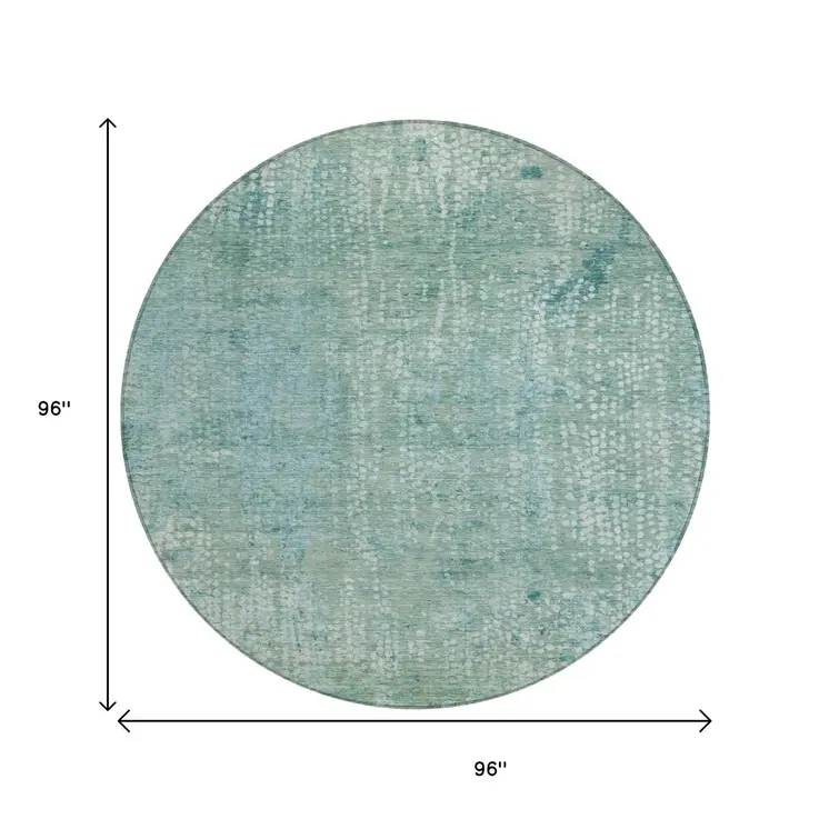 8' Teal Blue And Ivory Round Abstract Washable Indoor Outdoor Area Rug