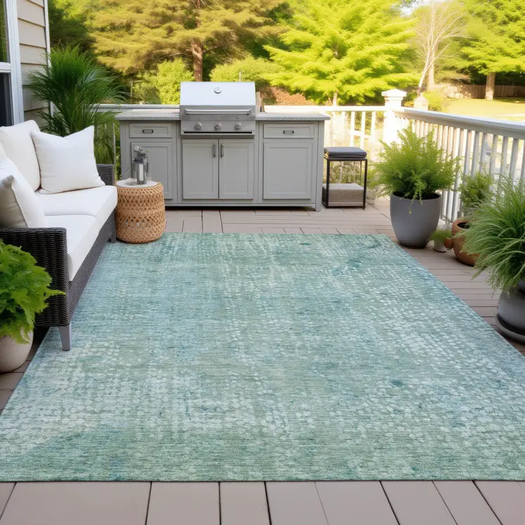 10' X 14' Teal Blue And Ivory Abstract Washable Indoor Outdoor Area Rug