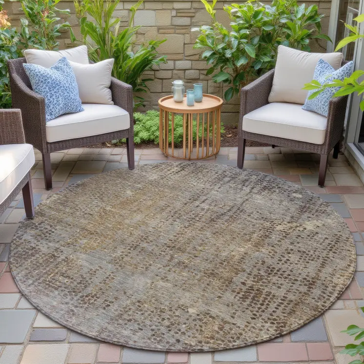 8' Brown And Ivory Round Abstract Washable Indoor Outdoor Area Rug
