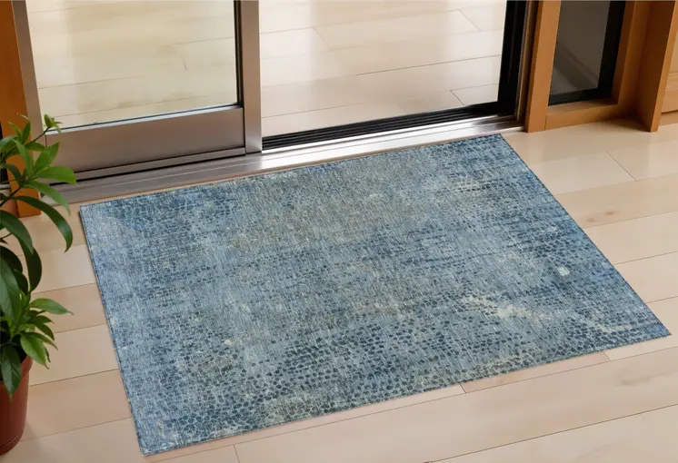 3' X 5' Blue And Ivory Abstract Washable Indoor Outdoor Area Rug