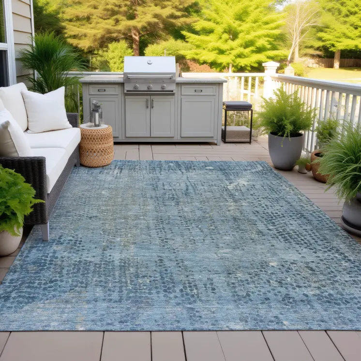 3' X 5' Blue And Ivory Abstract Washable Indoor Outdoor Area Rug