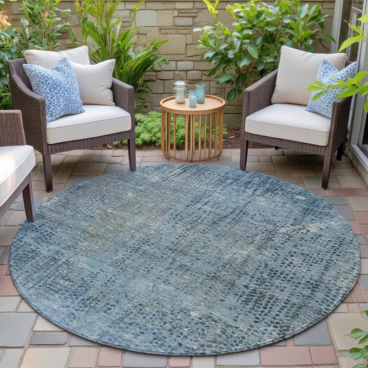 8' Blue And Ivory Round Abstract Washable Indoor Outdoor Area Rug