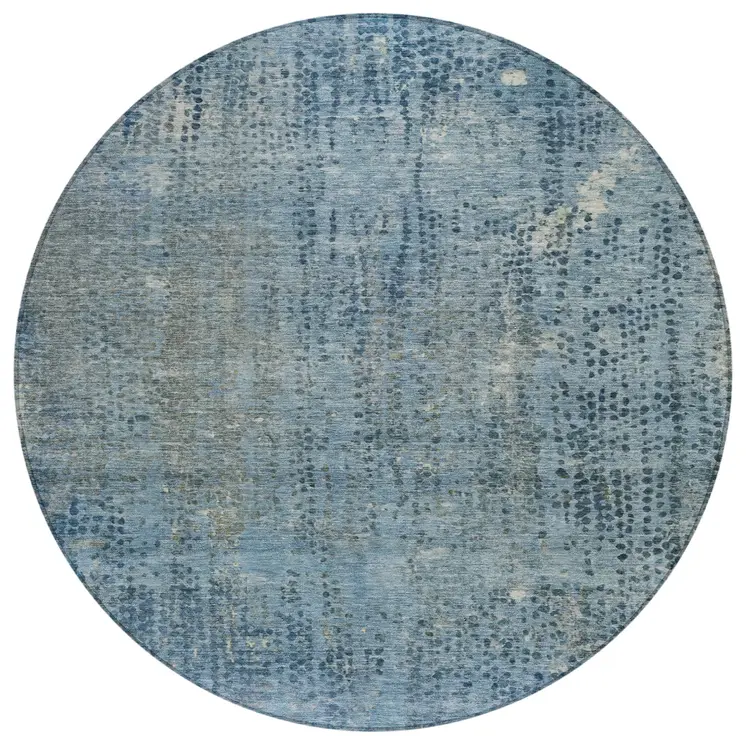 8' Blue And Ivory Round Abstract Washable Indoor Outdoor Area Rug