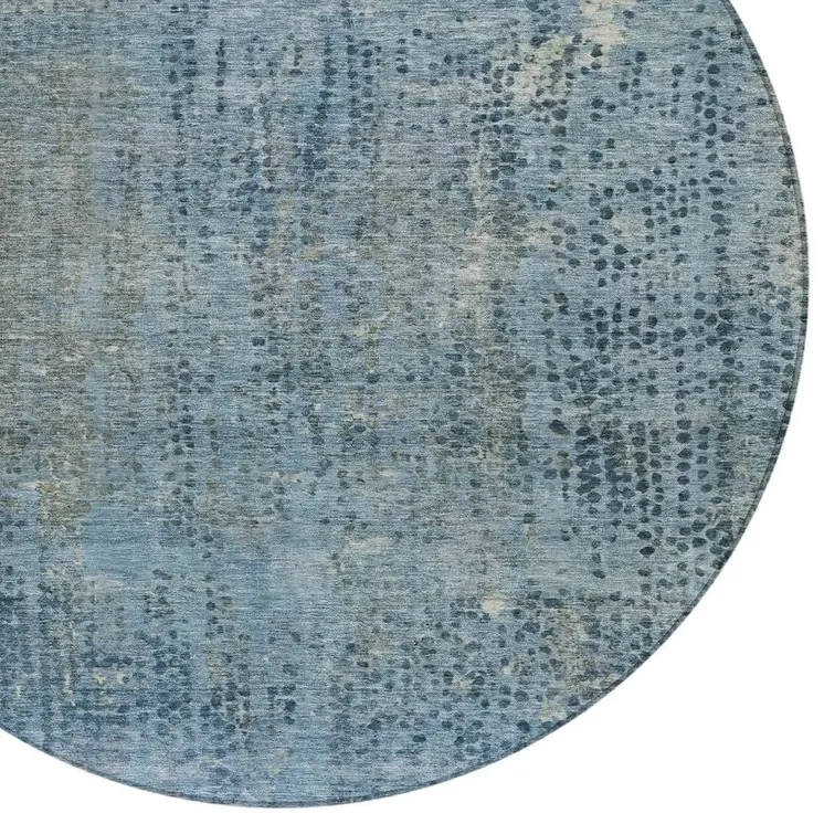 8' Blue And Ivory Round Abstract Washable Indoor Outdoor Area Rug