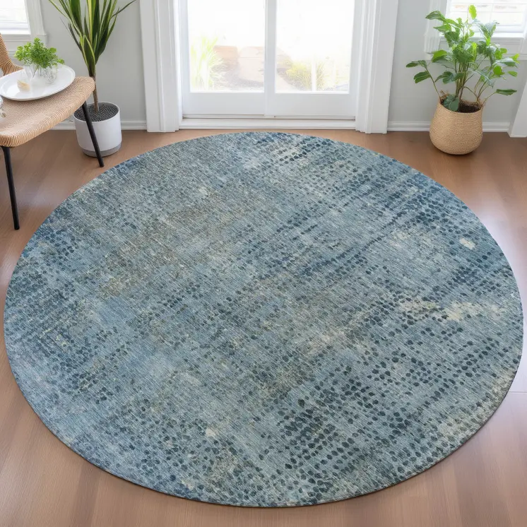 8' Blue And Ivory Round Abstract Washable Indoor Outdoor Area Rug