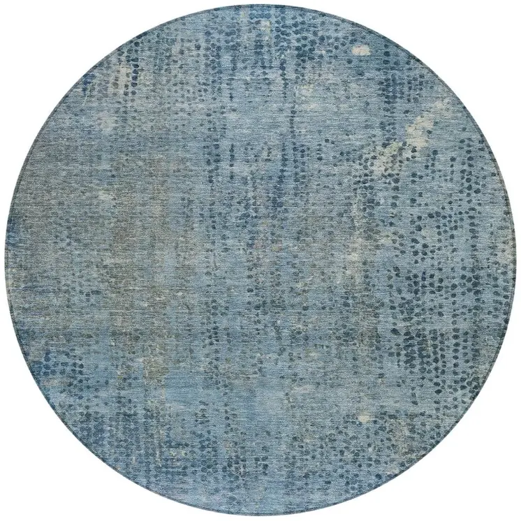 8' Blue And Ivory Round Abstract Washable Indoor Outdoor Area Rug