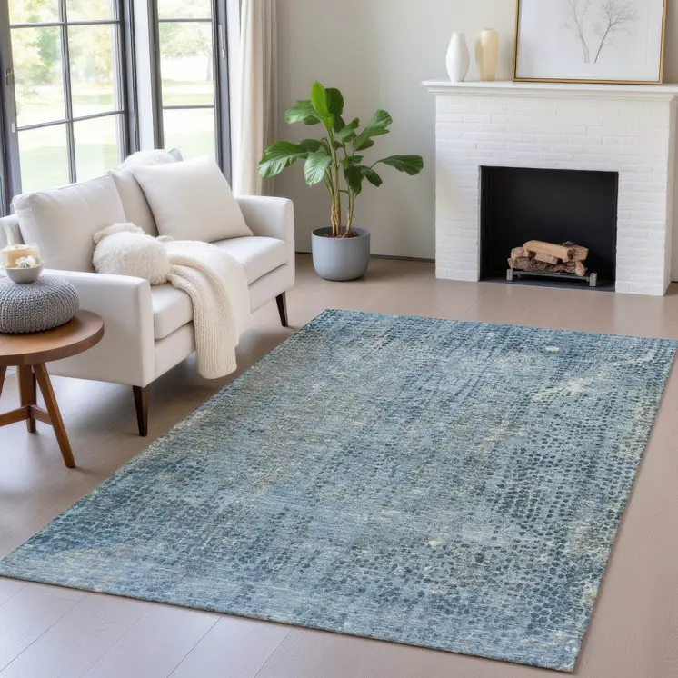 8' X 10' Blue And Ivory Abstract Washable Indoor Outdoor Area Rug