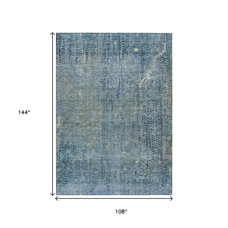 9' X 12' Blue And Ivory Abstract Washable Indoor Outdoor Area Rug