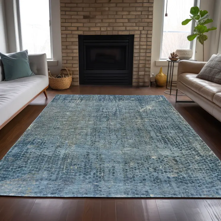 10' X 14' Blue And Ivory Abstract Washable Indoor Outdoor Area Rug