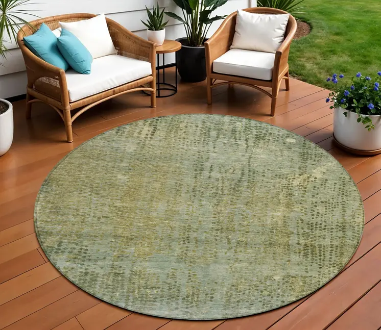 8' Green And Ivory Round Abstract Washable Indoor Outdoor Area Rug