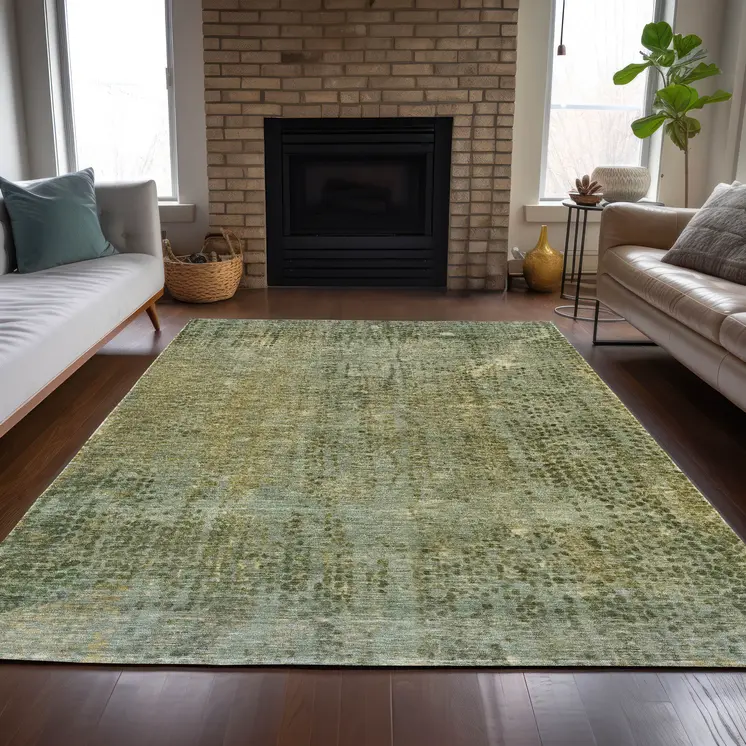 9' X 12' Green And Ivory Abstract Washable Indoor Outdoor Area Rug