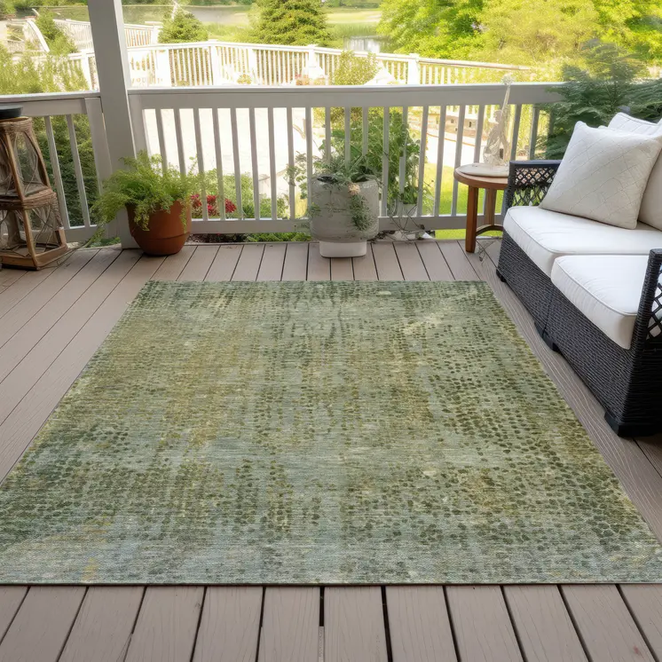 9' X 12' Green And Ivory Abstract Washable Indoor Outdoor Area Rug