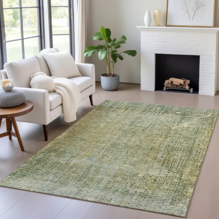 10' X 14' Green And Ivory Abstract Washable Indoor Outdoor Area Rug