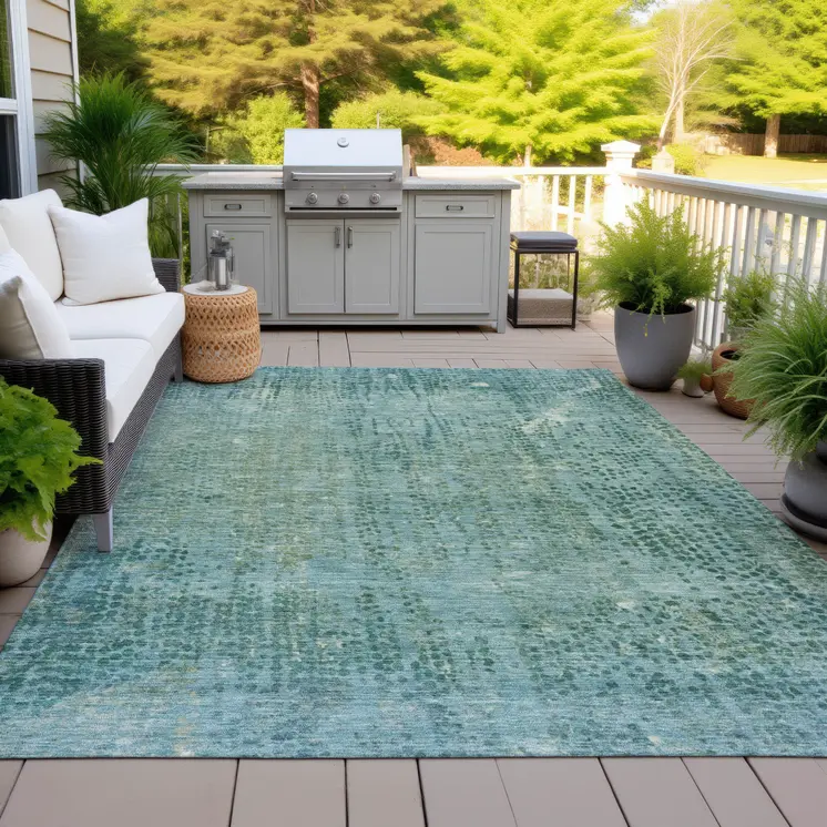 5' X 8' Teal Blue And Ivory Abstract Washable Indoor Outdoor Area Rug