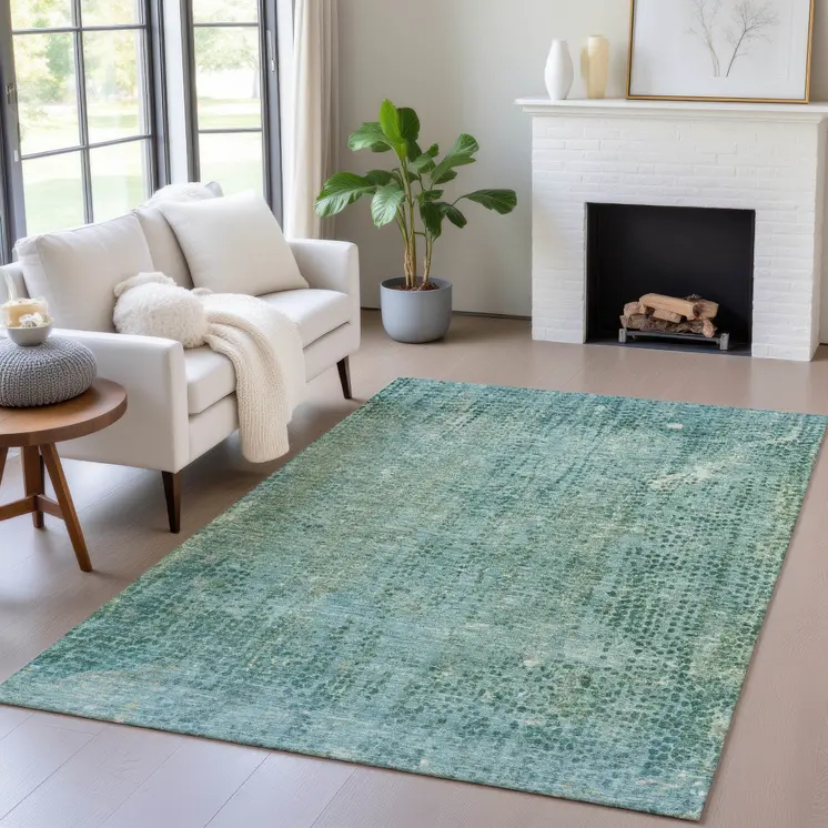 5' X 8' Teal Blue And Ivory Abstract Washable Indoor Outdoor Area Rug