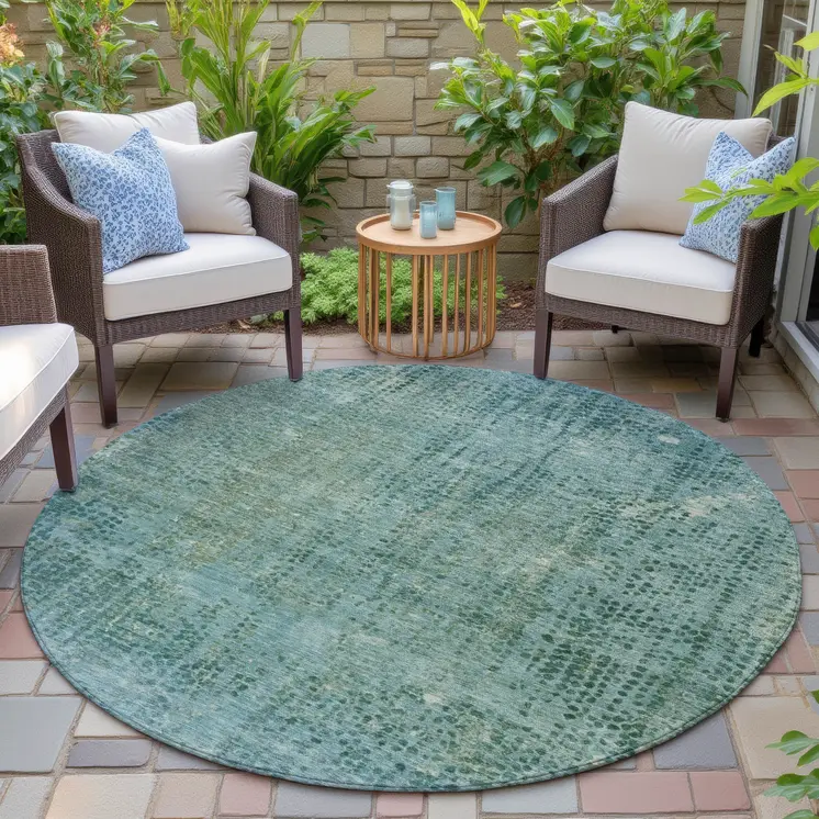 8' Teal Blue And Ivory Round Abstract Washable Indoor Outdoor Area Rug