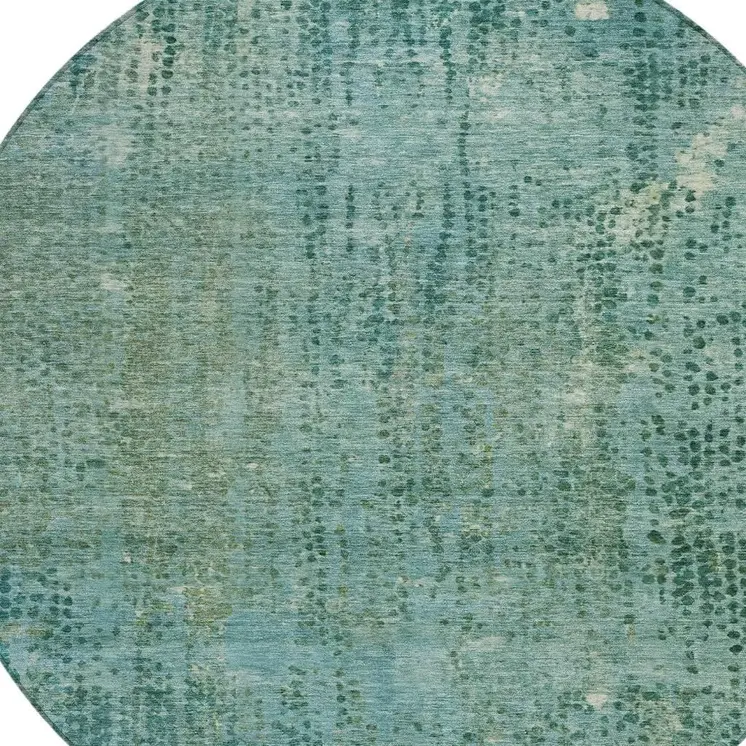 8' Teal Blue And Ivory Round Abstract Washable Indoor Outdoor Area Rug
