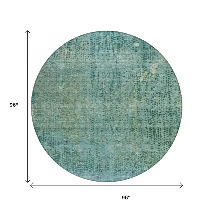 8' Teal Blue And Ivory Round Abstract Washable Indoor Outdoor Area Rug