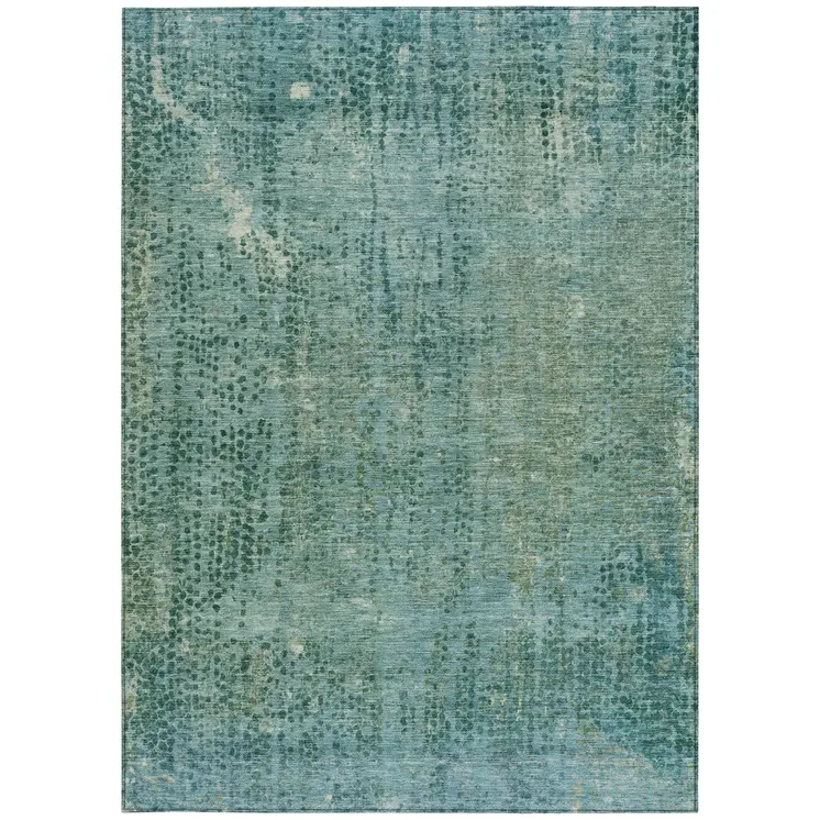 8' X 10' Teal Blue And Ivory Abstract Washable Indoor Outdoor Area Rug